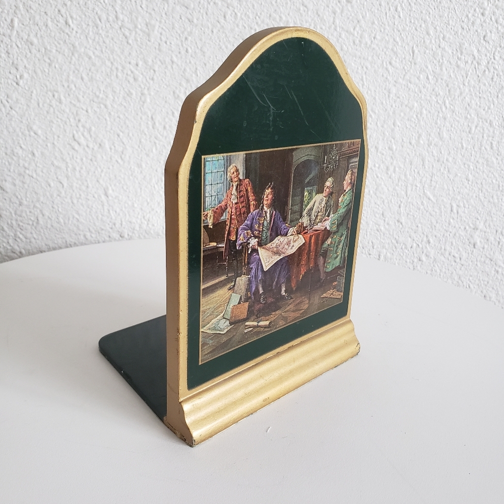 #Antique Made in England Single Wooden  Bookend Exploring The World Scene Print